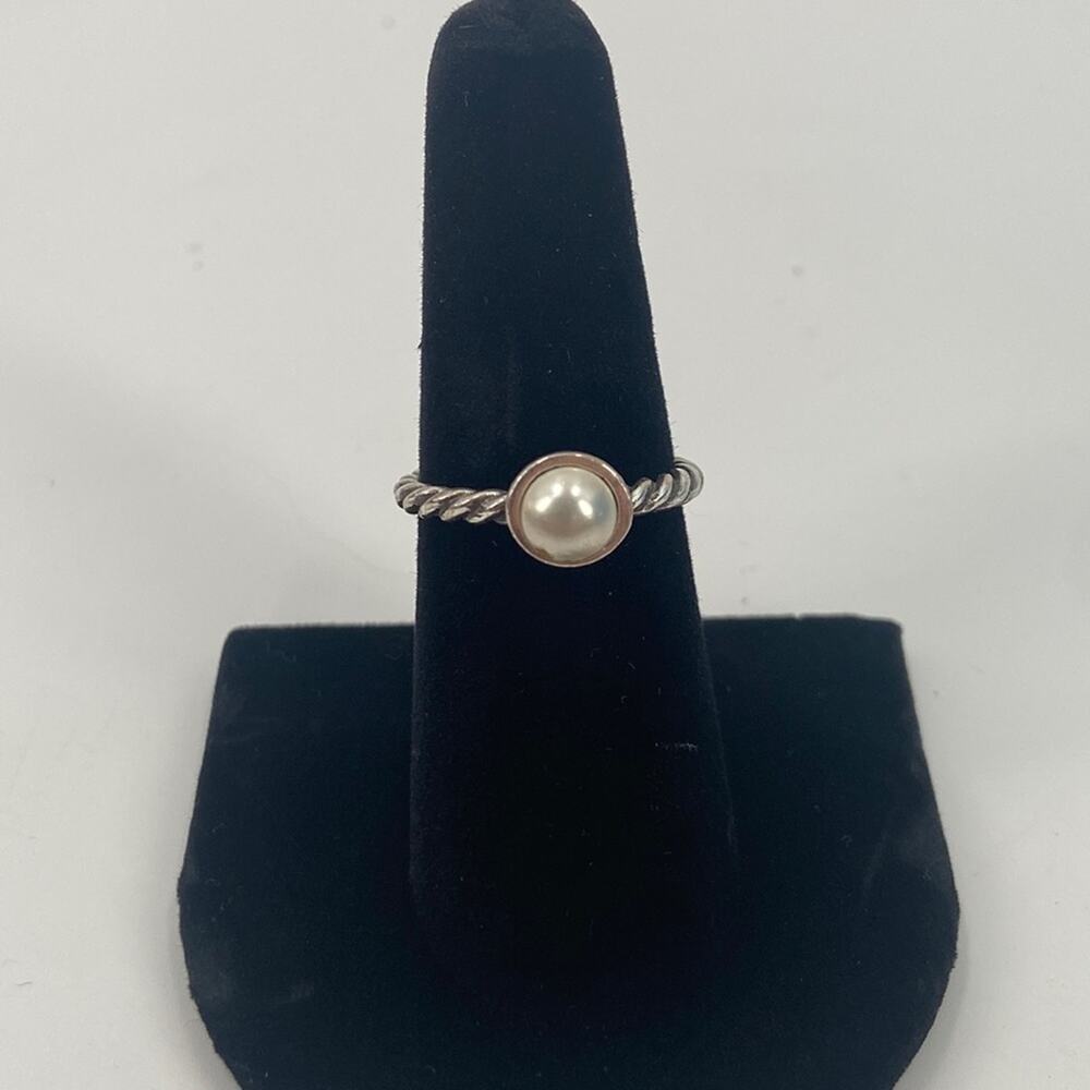Faux pearl sterling silver twisted band stackable ring